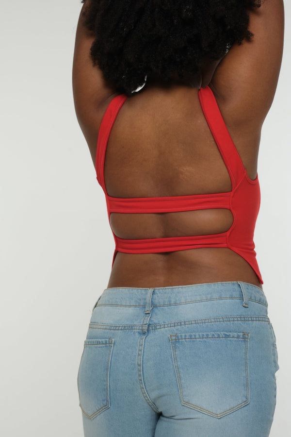 Iza Open Back Mid Crop Top in Red w/Pastel Blue stitching - Manners London