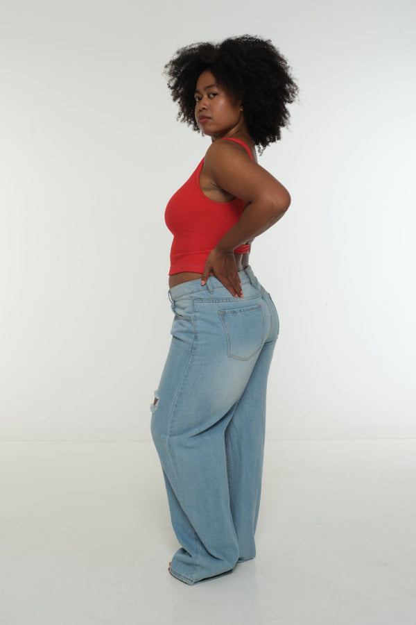 Iza Open Back Mid Crop Top in Red w/Pastel Blue stitching - Manners London