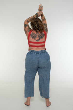 Iza Open Back Mid Crop Top in Red w/Pastel Blue stitching - Manners London