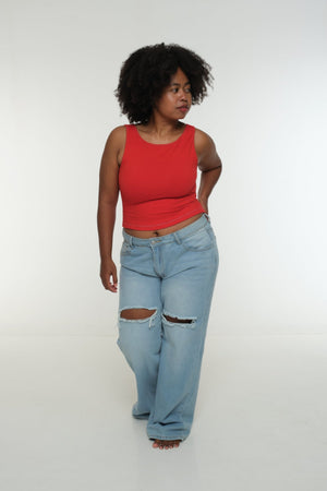 Iza Open Back Mid Crop Top in Red w/Pastel Blue stitching - Manners London