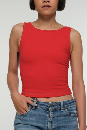 Iza Open Back Mid Crop Top in Red w/Pastel Blue stitching - Manners London