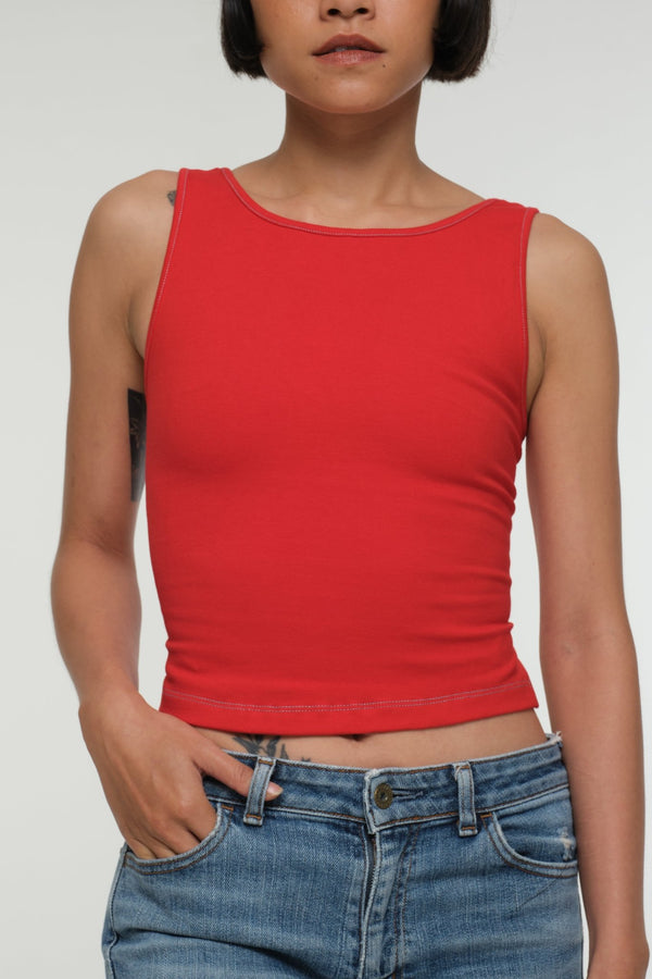 Iza Open Back Mid Crop Top in Red w/Pastel Blue stitching - Manners London
