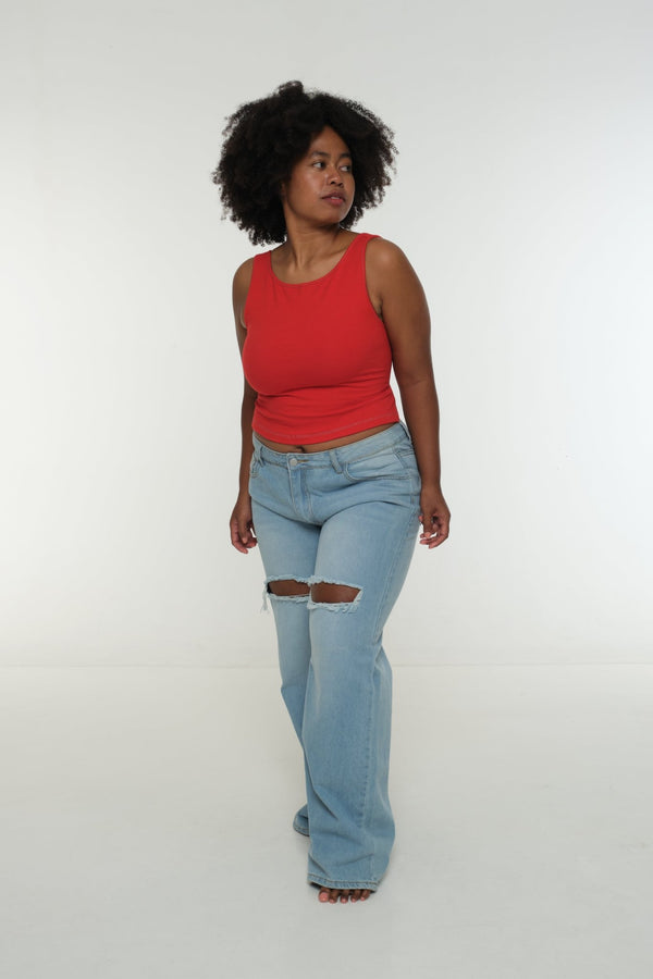 Iza Open Back Mid Crop Top in Red w/Pastel Blue stitching - Manners London