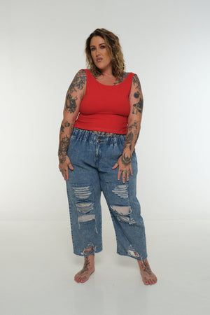 Iza Open Back Mid Crop Top in Red w/Pastel Blue stitching - Manners London