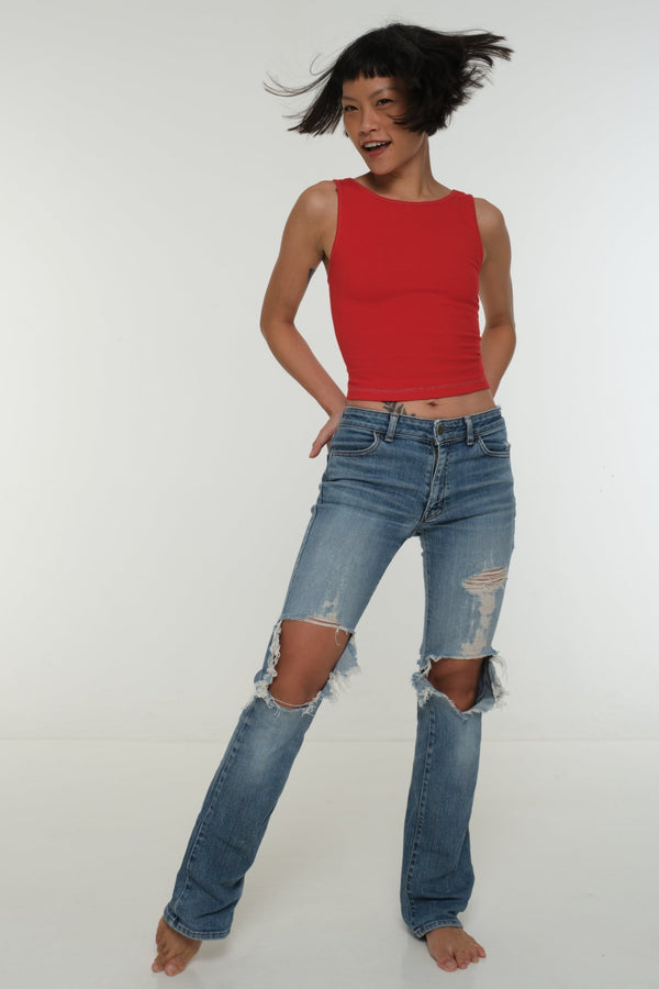 Iza Open Back Mid Crop Top in Red w/Pastel Blue stitching - Manners London
