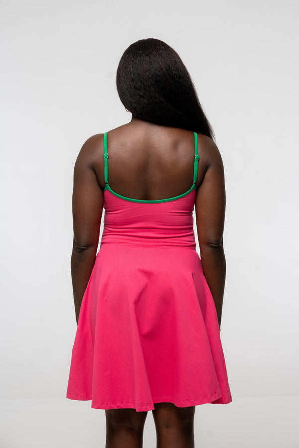 Jola Pocket Skater Mini Dress in Hot Pink / Grass Green - Manners London