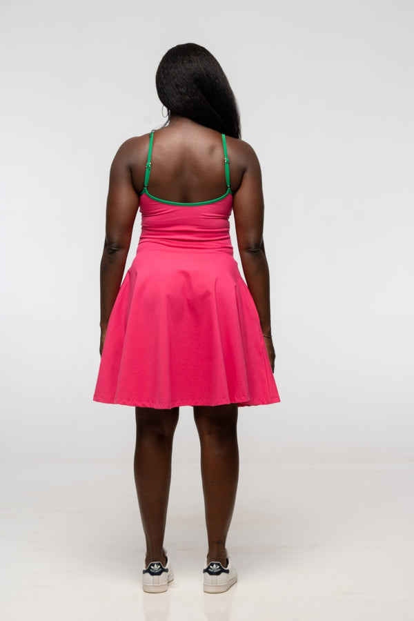Jola Pocket Skater Mini Dress in Hot Pink / Grass Green - Manners London
