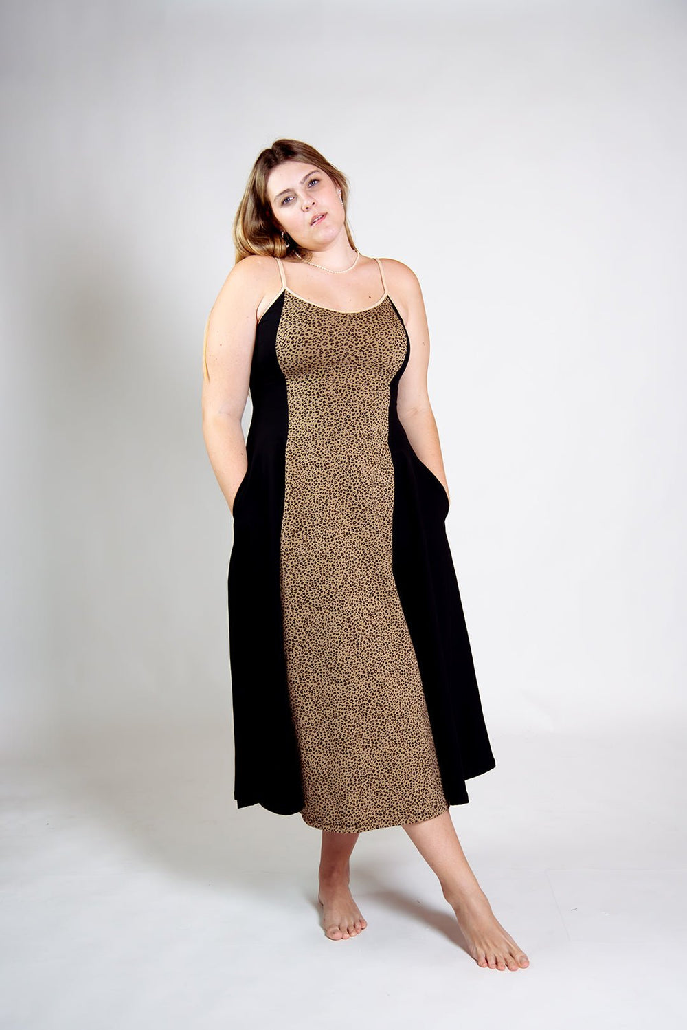 Kala Dress Midi Petite in panel Black/Classic Leopard - Manners London