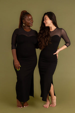 Kupu Long Sleeved Midi Dress in Black and Mesh - Manners London