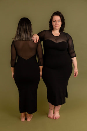 Kupu Long Sleeved Midi Dress in Black and Mesh - Petite - Manners London