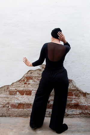 Mesh Scoop Back Top Full Length (7/8 Sleeve) in Black - Manners London