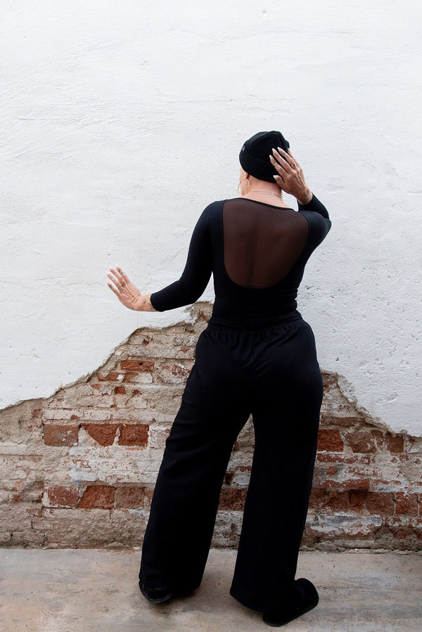 Mesh Scoop Back Top Full Length (7/8 Sleeve) in Black - Manners London
