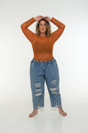 Mesh Top long sleeve in Pumpkin - Manners London