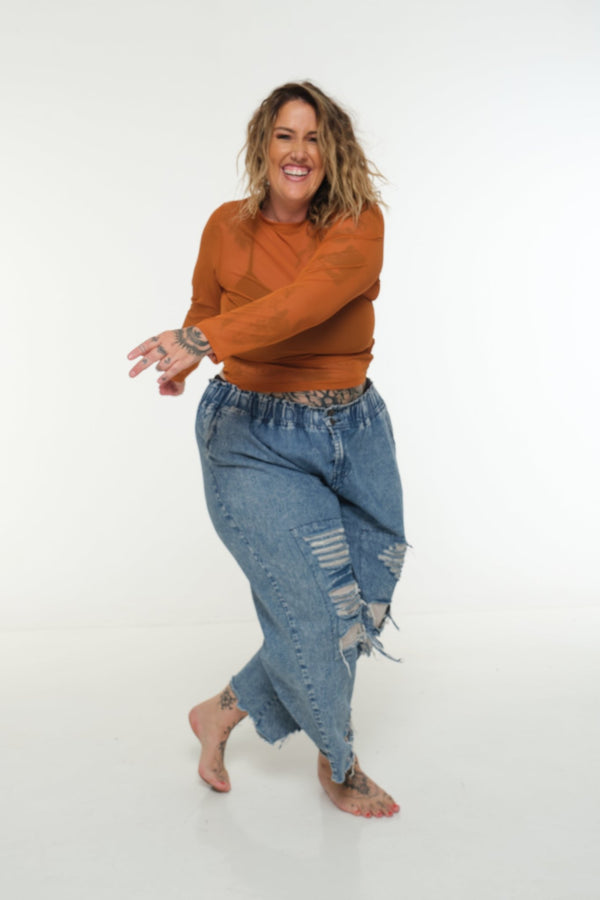 Mesh Top long sleeve in Pumpkin - Manners London