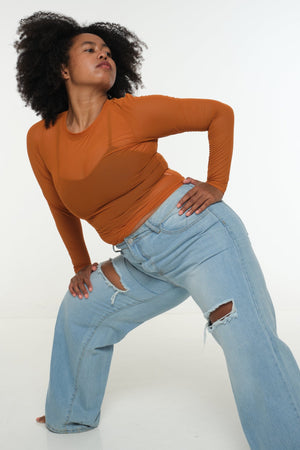 Mesh Top long sleeve in Pumpkin - Manners London
