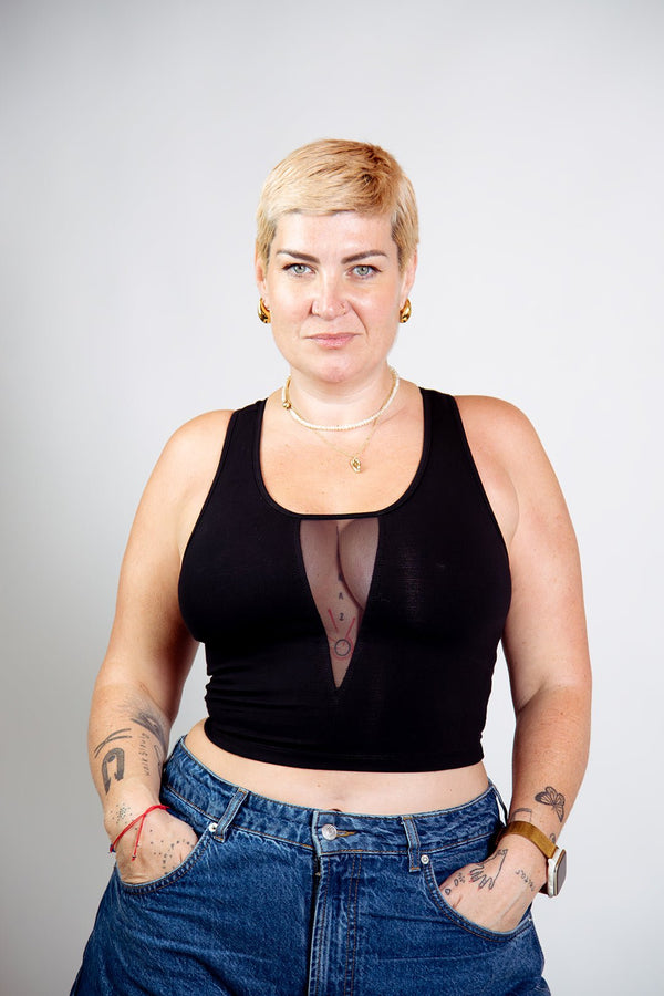 Mesh V - Neck Crop Top sleeveless in Black - Manners London