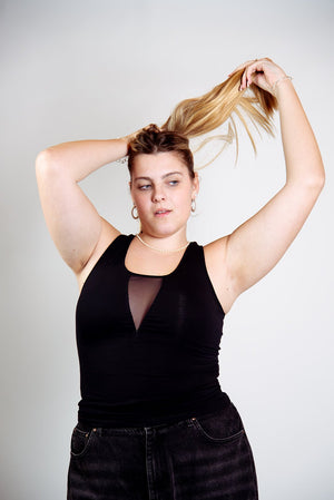 Mesh V - Neck Full Length Top sleeveless in Black - Manners London