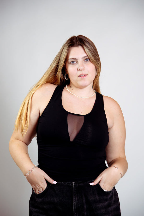 Mesh V - Neck Full Length Top sleeveless in Black - Manners London