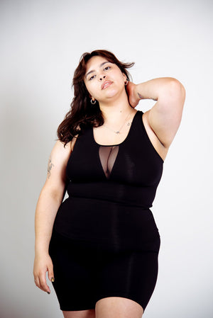 Mesh V - Neck Full Length Top sleeveless in Black - Manners London