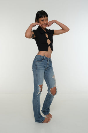 Mid Crop Button Shirt in Black - Manners London