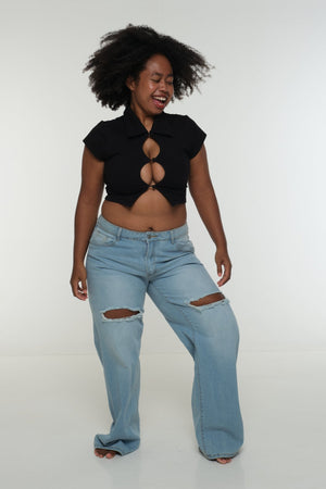 Mid Crop Button Shirt in Black - Manners London