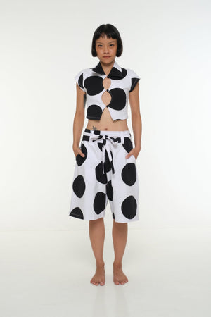 New Wide Shorts long flat waist band and belt in Polka Dot - Manners London