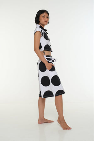 New Wide Shorts long flat waist band and belt in Polka Dot - Manners London
