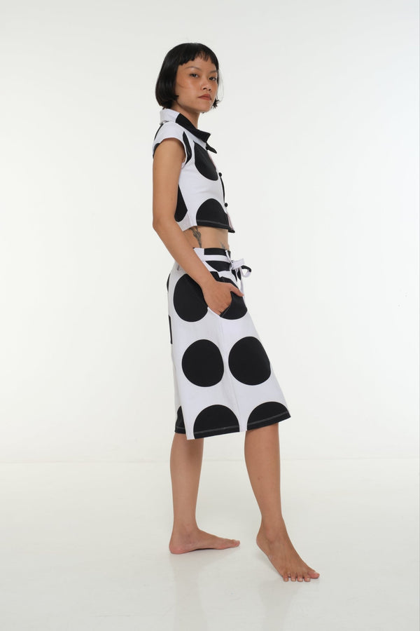 New Wide Shorts long flat waist band and belt in Polka Dot - Manners London