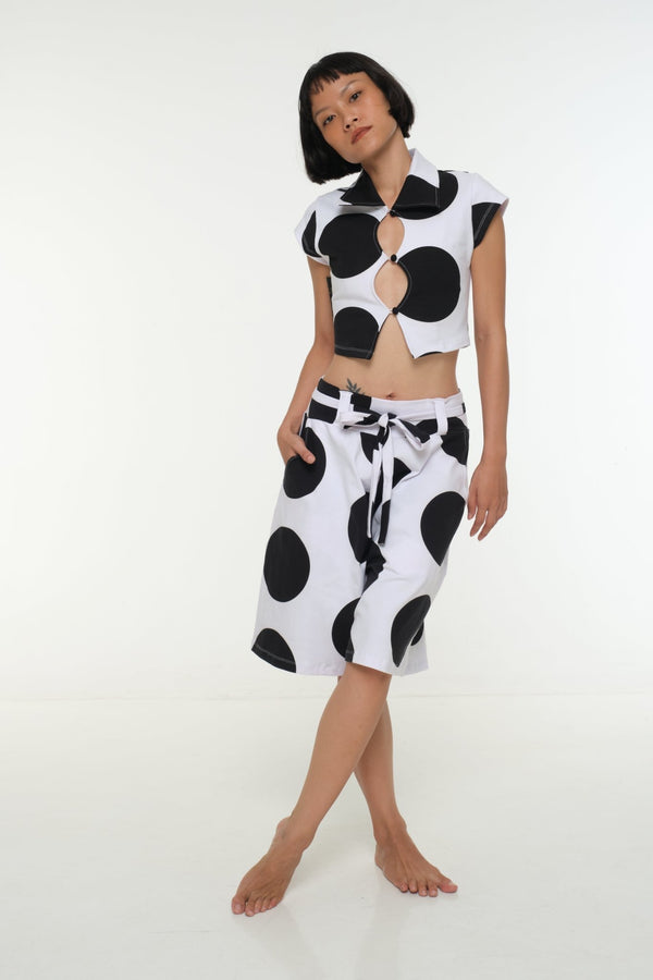 New Wide Shorts long flat waist band and belt in Polka Dot - Manners London