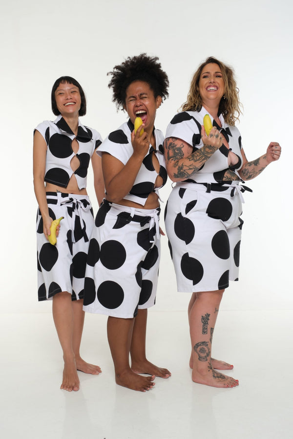New Wide Shorts long flat waist band and belt in Polka Dot - Manners London