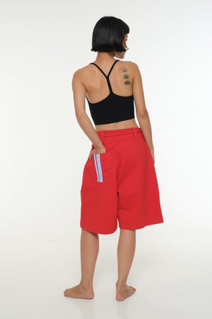New Wide Shorts long flat waist band and belt in Red / Pastel Blue rib edge - Manners London