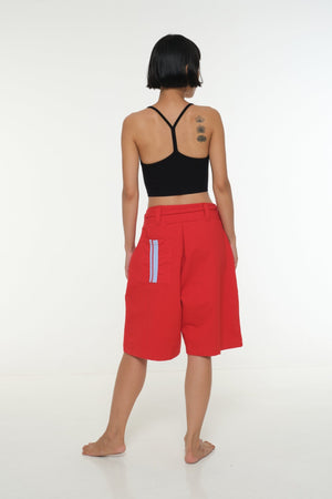 New Wide Shorts long flat waist band and belt in Red / Pastel Blue rib edge - Manners London