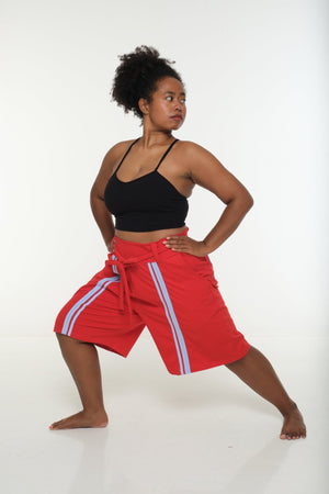 New Wide Shorts long flat waist band and belt in Red / Pastel Blue rib edge - Manners London
