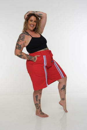 New Wide Shorts long flat waist band and belt in Red / Pastel Blue rib edge - Manners London
