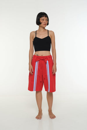 New Wide Shorts long flat waist band and belt in Red / Pastel Blue rib edge - Manners London