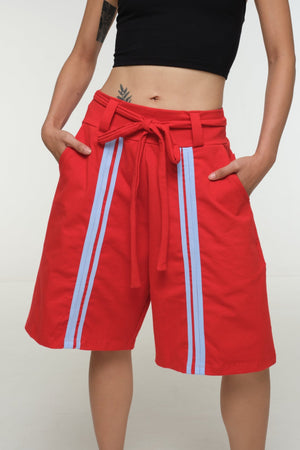 New Wide Shorts long flat waist band and belt in Red / Pastel Blue rib edge - Manners London
