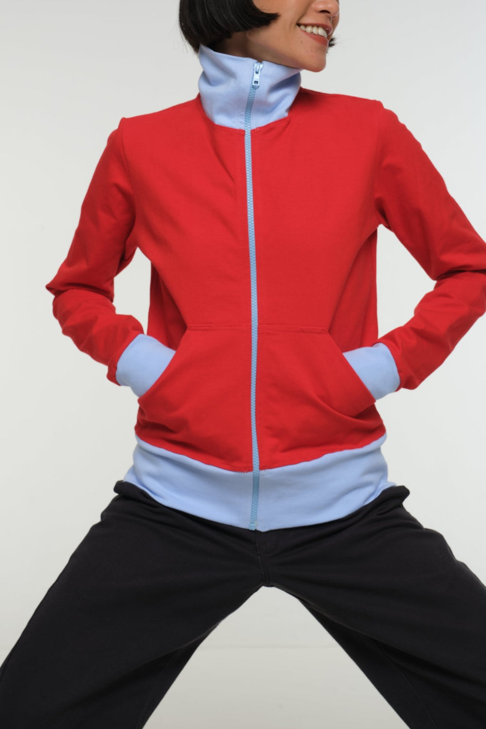 New Zip Jacket in red with pastel blue rib - Manners London