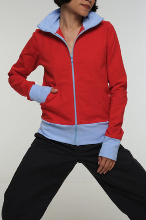 New Zip Jacket in red with pastel blue rib - Manners London