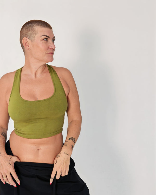Otta Crop Top Tri-Back Thick Strap in Guacomole - Manners London