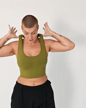 Otta Crop Top Tri-Back Thick Strap in Guacomole - Manners London