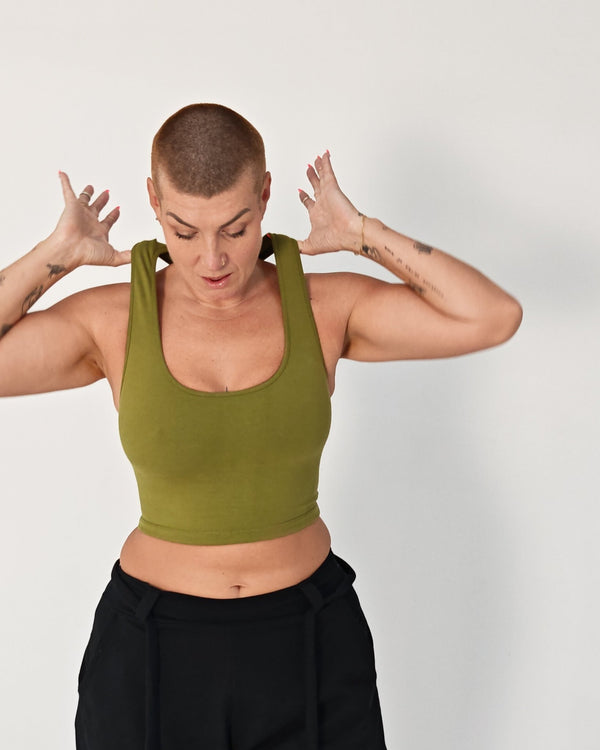 Otta Crop Top Tri-Back Thick Strap in Guacomole - Manners London