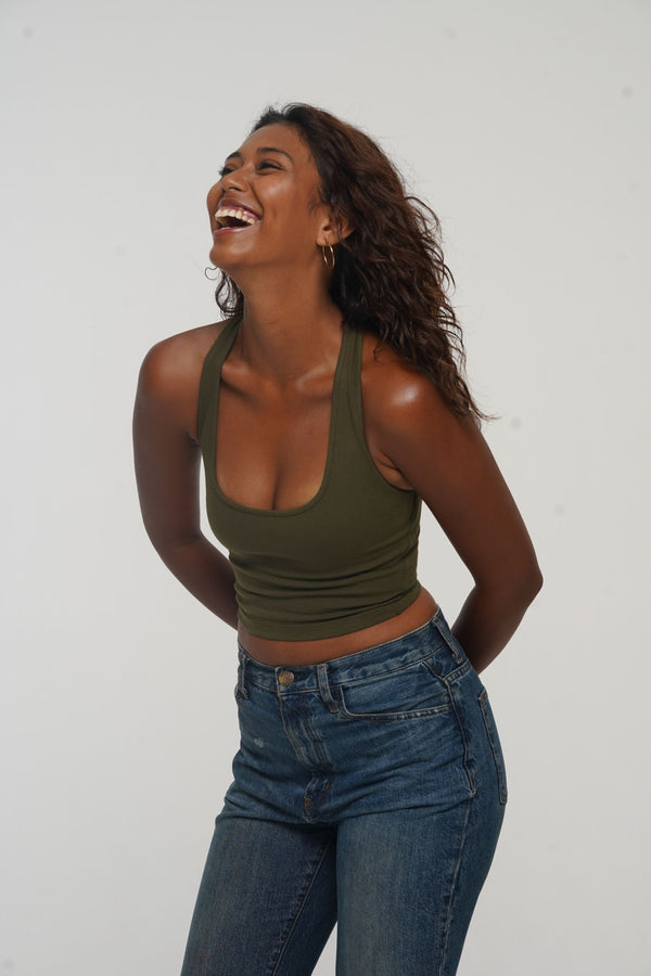 Otta Crop Top Tri - Back Thick Strap in Khaki Green - Manners London