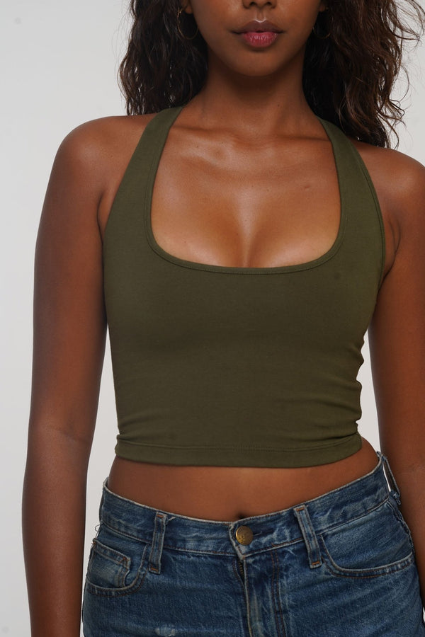 Otta Crop Top Tri - Back Thick Strap in Khaki Green - Manners London