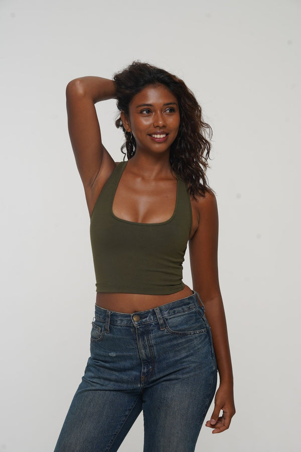Otta Crop Top Tri - Back Thick Strap in Khaki Green - Manners London