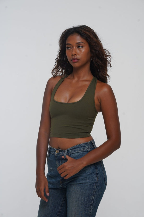 Otta Crop Top Tri - Back Thick Strap in Khaki Green - Manners London