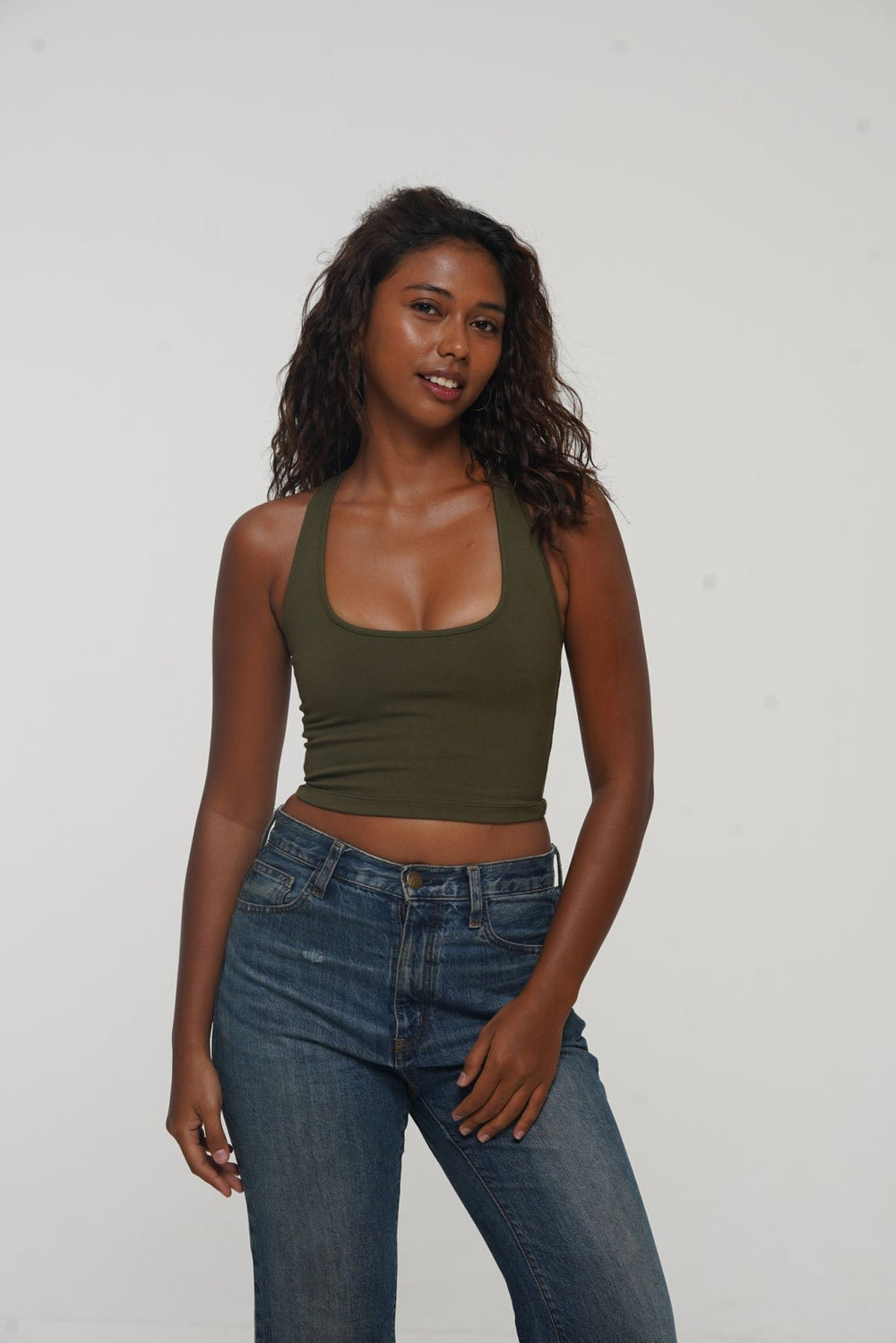 Otta Crop Top Tri - Back Thick Strap in Khaki Green - Manners London