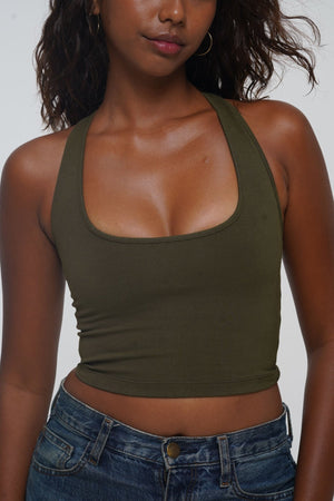 Otta Crop Top Tri - Back Thick Strap in Khaki Green - Manners London