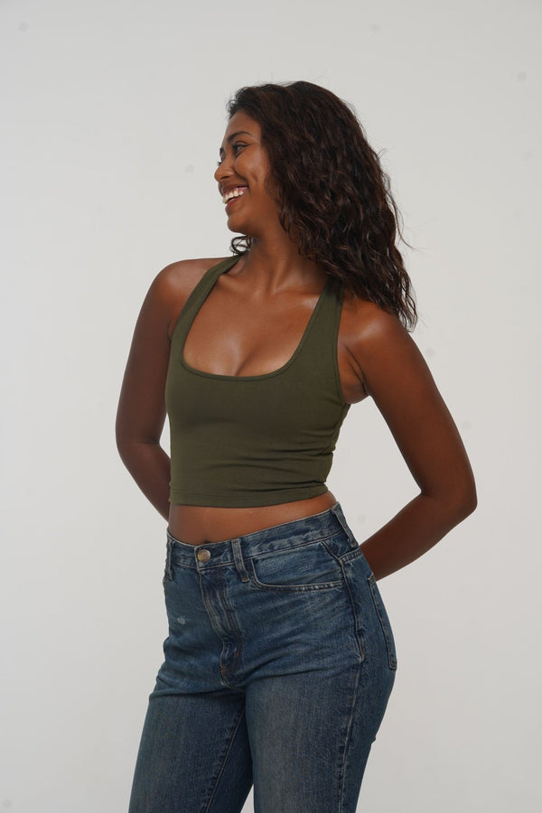 Otta Crop Top Tri - Back Thick Strap in Khaki Green - Manners London