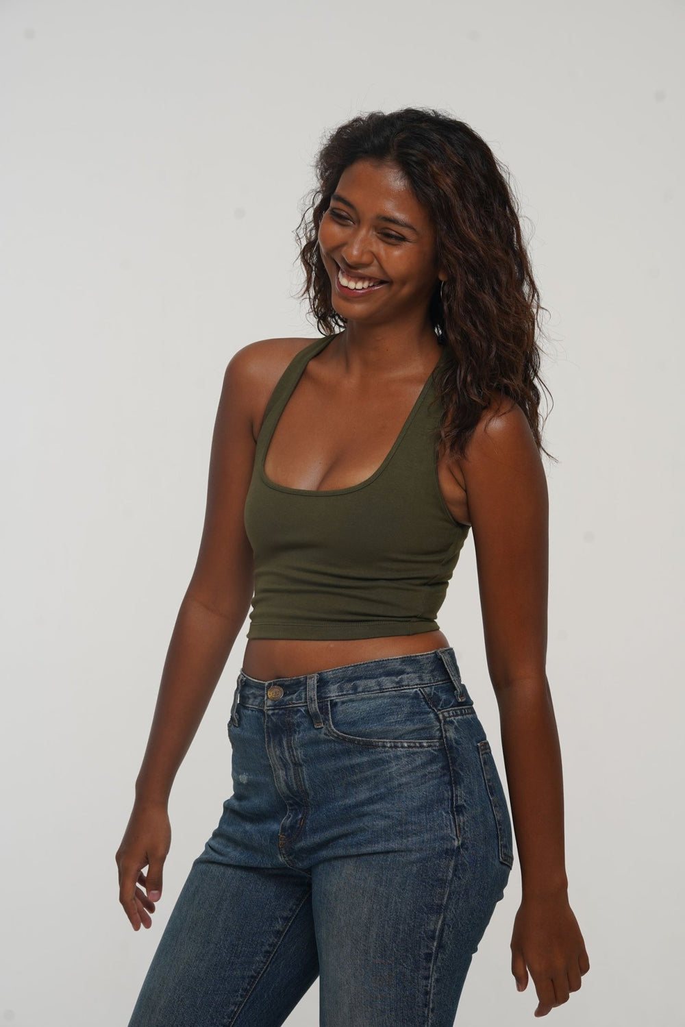 Otta Crop Top Tri - Back Thick Strap in Khaki Green - Manners London