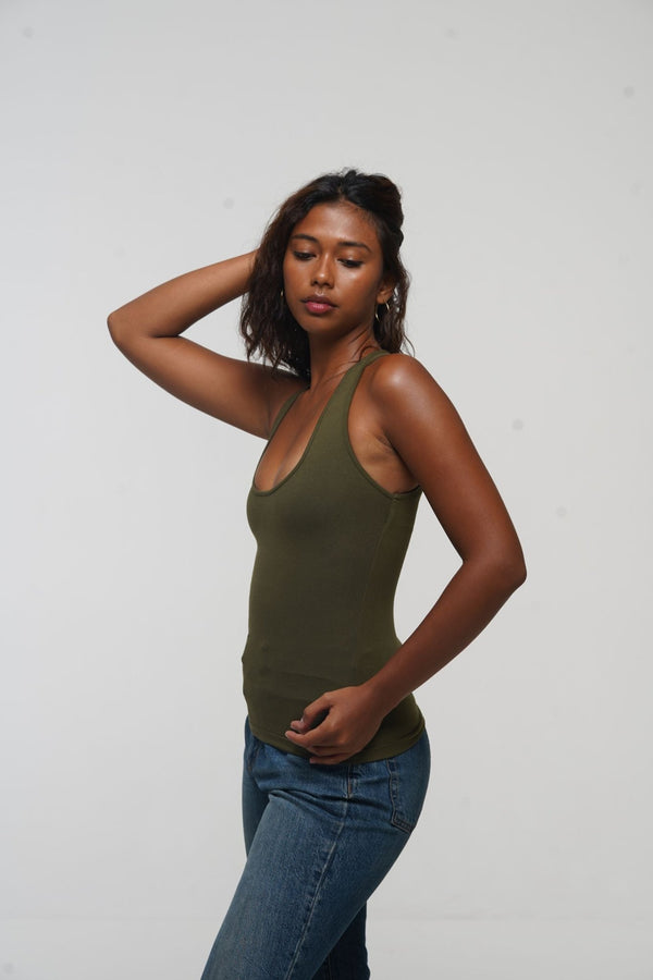 Otta Full Length Top Tri - Back Thick Strap in Khaki Green - Manners London